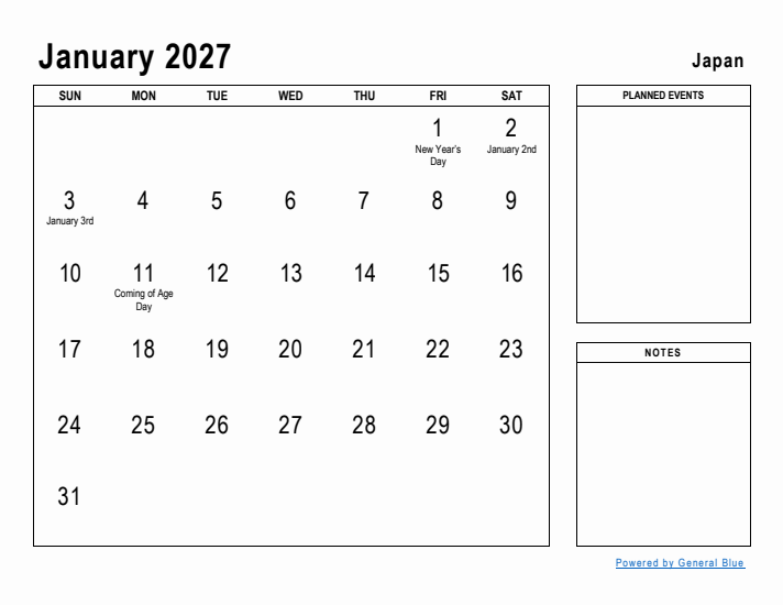 January 2027 Printable Monthly Calendar with Japan Holidays