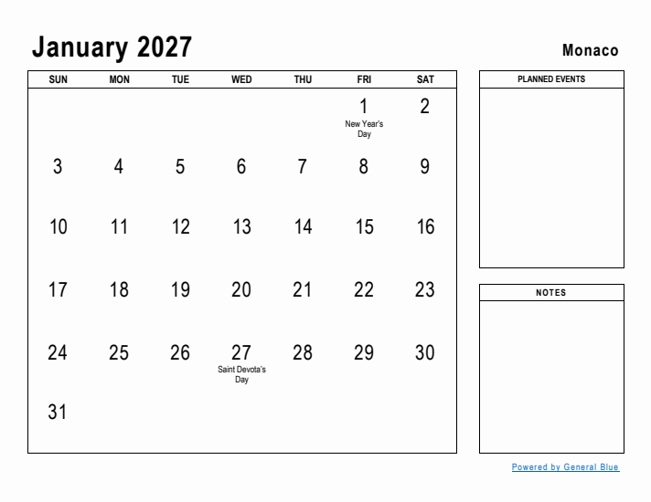 January 2027 Printable Monthly Calendar with Monaco Holidays