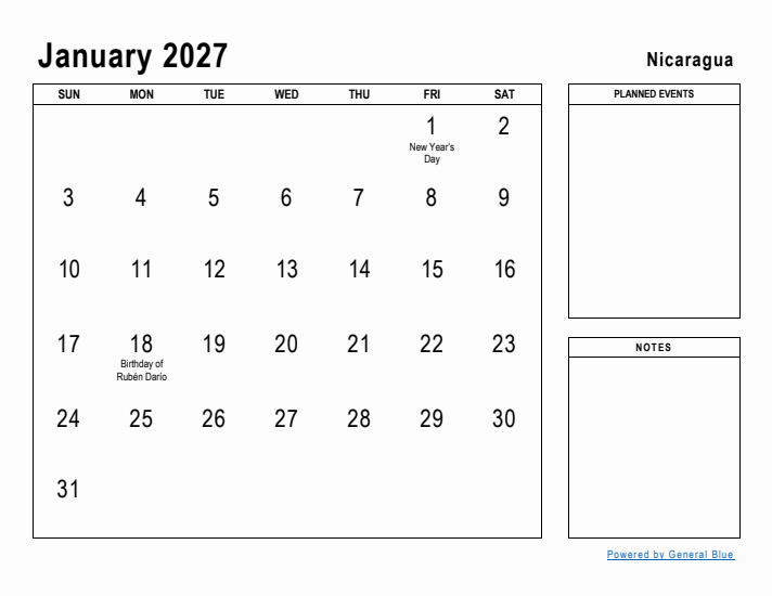 January 2027 Printable Monthly Calendar with Nicaragua Holidays