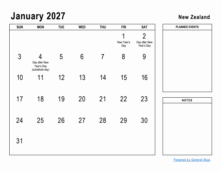 January 2027 Printable Monthly Calendar with New Zealand Holidays