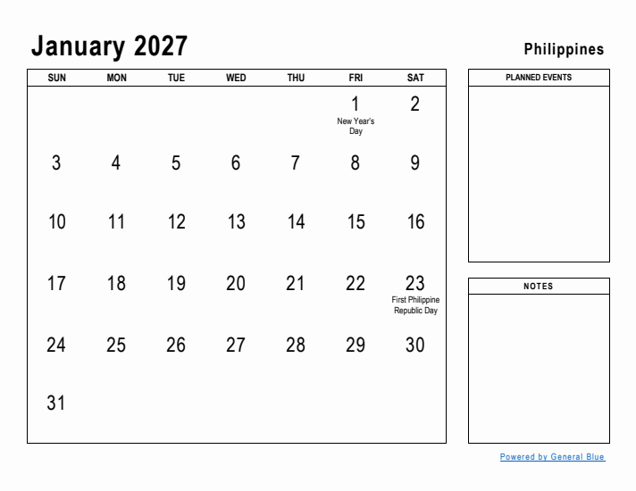 January 2027 Printable Monthly Calendar with Philippines Holidays