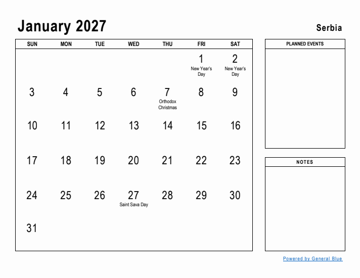 January 2027 Printable Monthly Calendar with Serbia Holidays