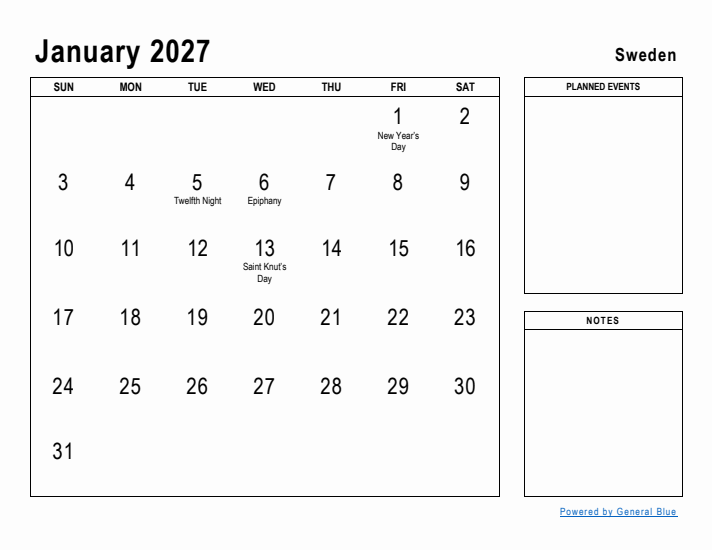 January 2027 Printable Monthly Calendar with Sweden Holidays