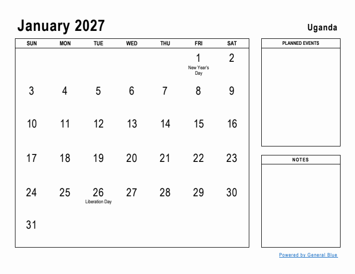 January 2027 Printable Monthly Calendar with Uganda Holidays