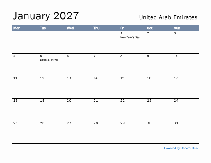 January 2027 Simple Monthly Calendar for United Arab Emirates