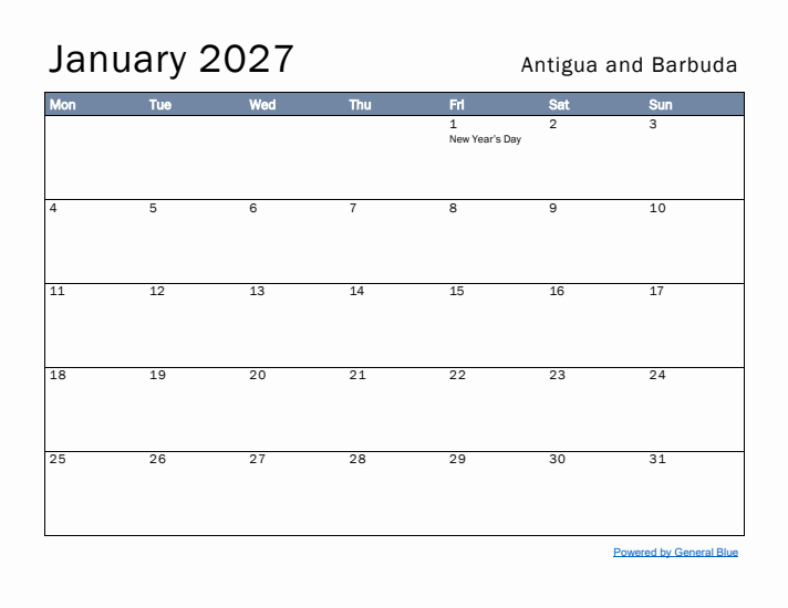 January 2027 Simple Monthly Calendar for Antigua and Barbuda