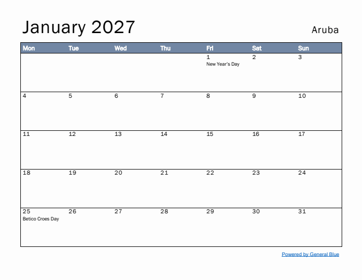 January 2027 Simple Monthly Calendar for Aruba