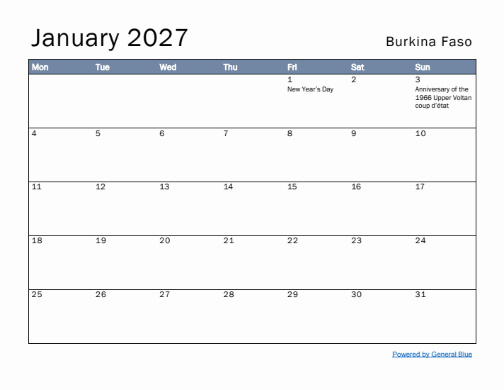 January 2027 Simple Monthly Calendar for Burkina Faso