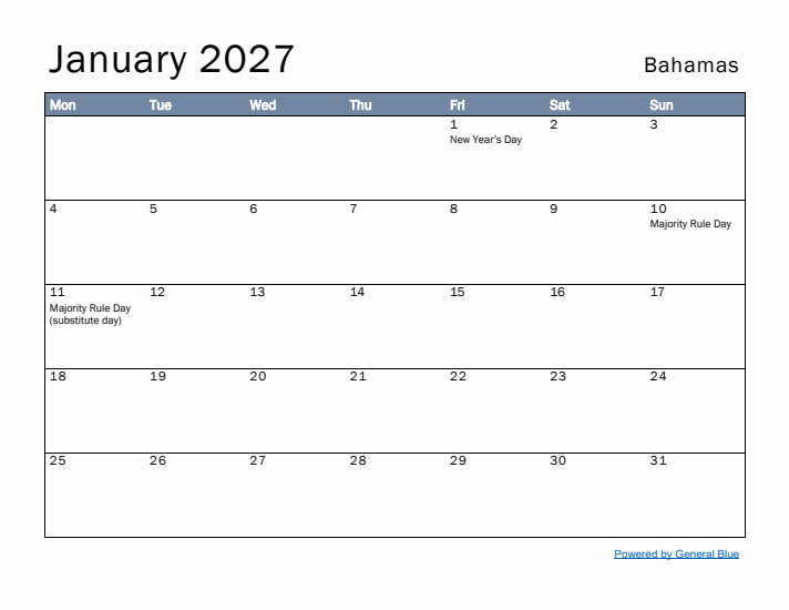 January 2027 Simple Monthly Calendar for Bahamas