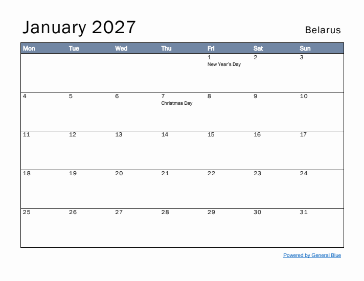 January 2027 Simple Monthly Calendar for Belarus