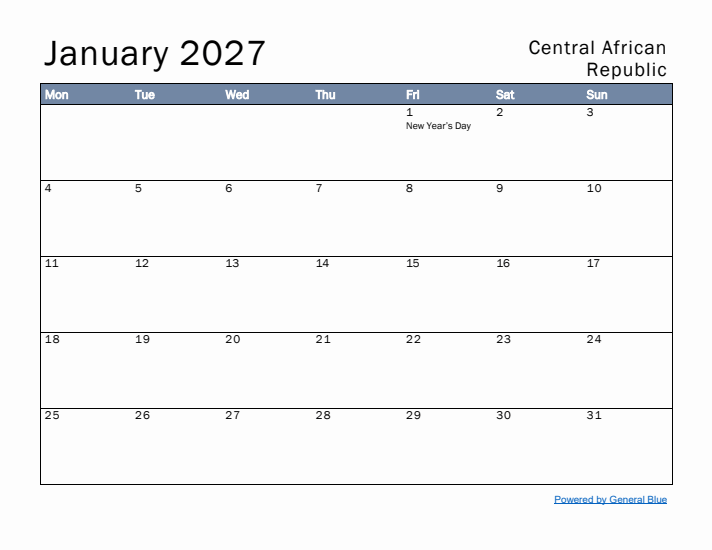 January 2027 Simple Monthly Calendar for Central African Republic