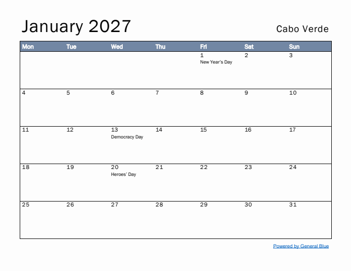 January 2027 Simple Monthly Calendar for Cabo Verde