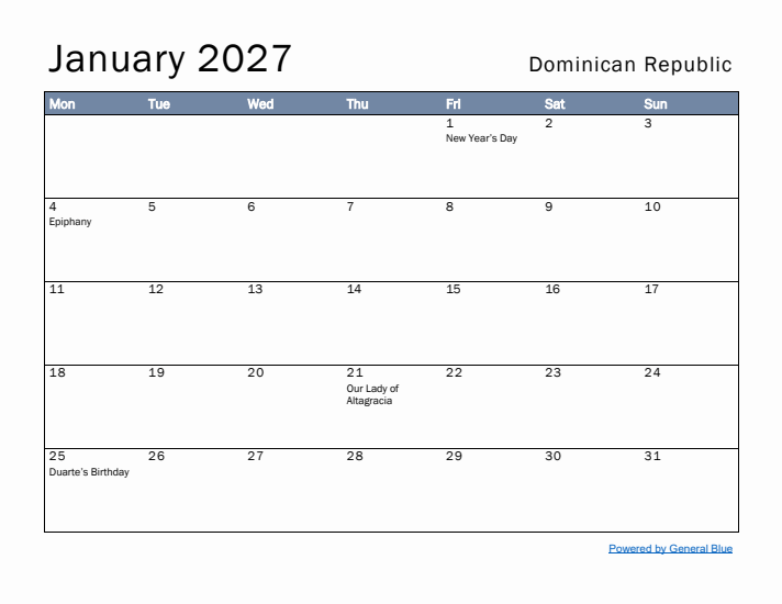 January 2027 Simple Monthly Calendar for Dominican Republic