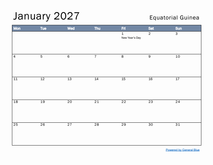 January 2027 Simple Monthly Calendar for Equatorial Guinea