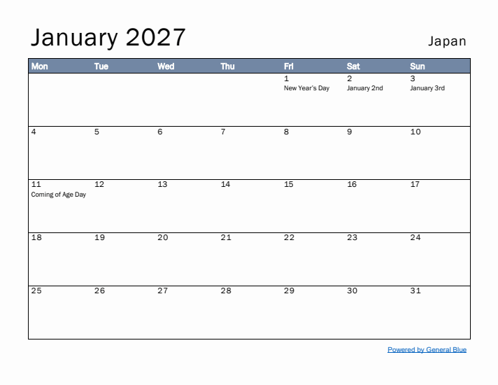 January 2027 Simple Monthly Calendar for Japan