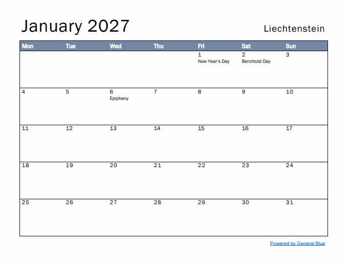 January 2027 Simple Monthly Calendar for Liechtenstein