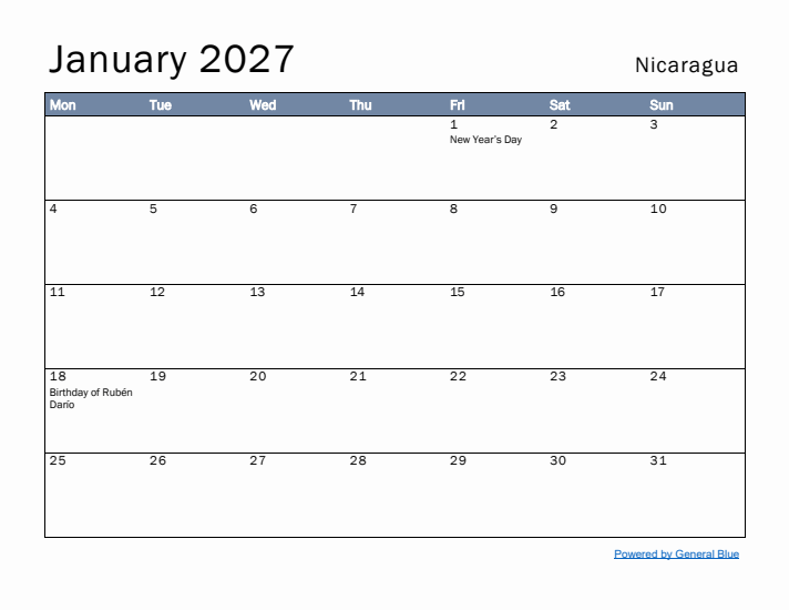 January 2027 Simple Monthly Calendar for Nicaragua