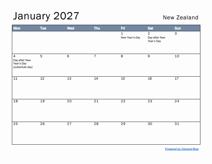 January 2027 Simple Monthly Calendar for New Zealand