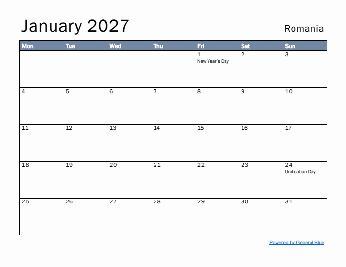 January 2027 Simple Monthly Calendar for Romania