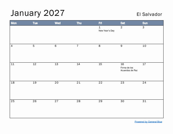 January 2027 Simple Monthly Calendar for El Salvador