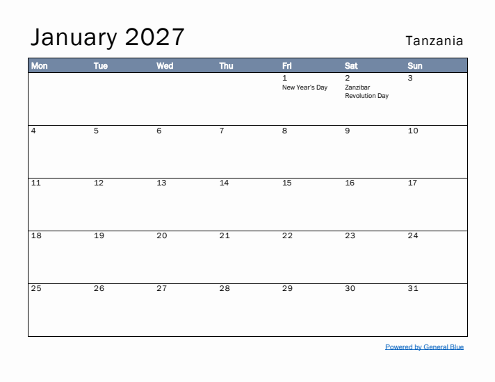 January 2027 Simple Monthly Calendar for Tanzania