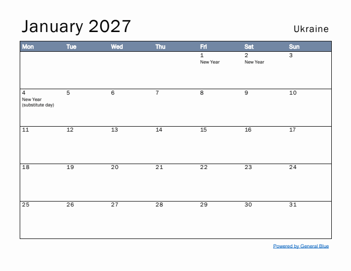 January 2027 Simple Monthly Calendar for Ukraine