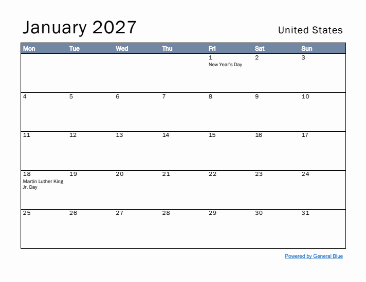 January 2027 Simple Monthly Calendar for United States