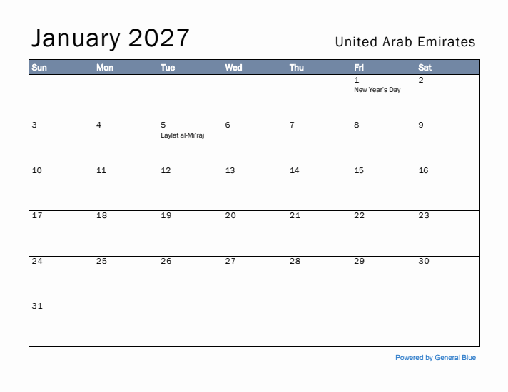 January 2027 Simple Monthly Calendar for United Arab Emirates