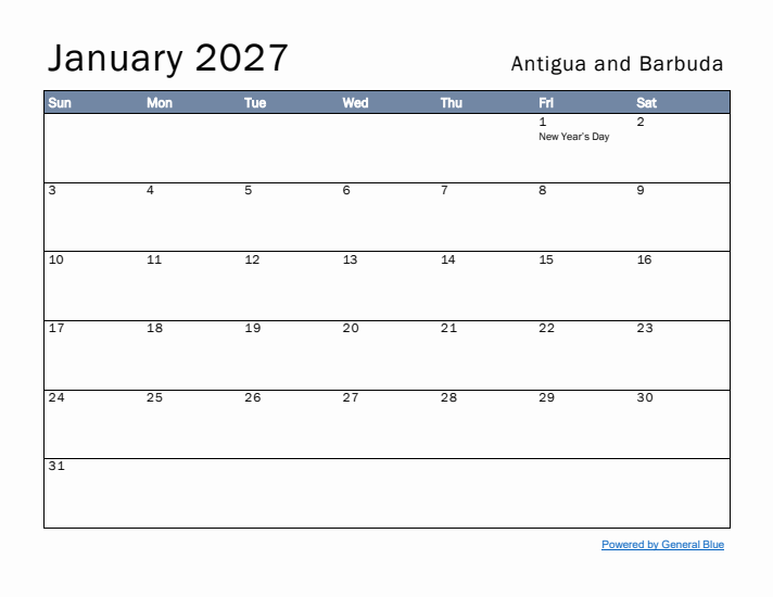 January 2027 Simple Monthly Calendar for Antigua and Barbuda