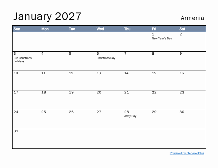 January 2027 Simple Monthly Calendar for Armenia