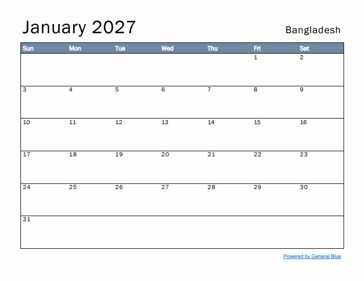 January 2027 Simple Monthly Calendar for Bangladesh