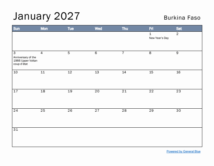 January 2027 Simple Monthly Calendar for Burkina Faso