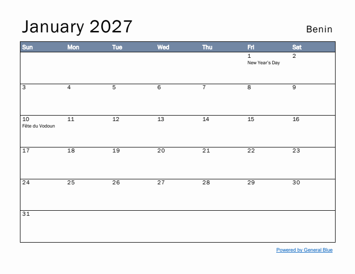 January 2027 Simple Monthly Calendar for Benin