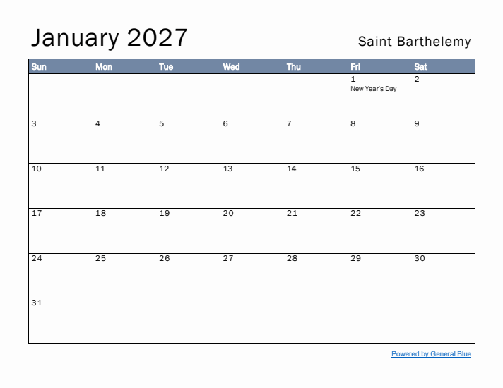 January 2027 Simple Monthly Calendar for Saint Barthelemy