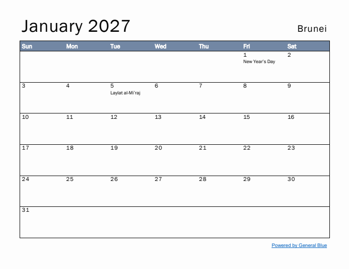 January 2027 Simple Monthly Calendar for Brunei