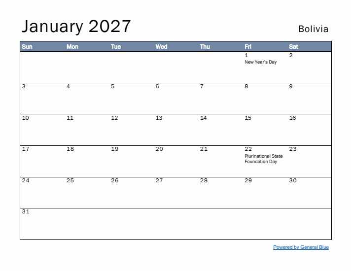 January 2027 Simple Monthly Calendar for Bolivia