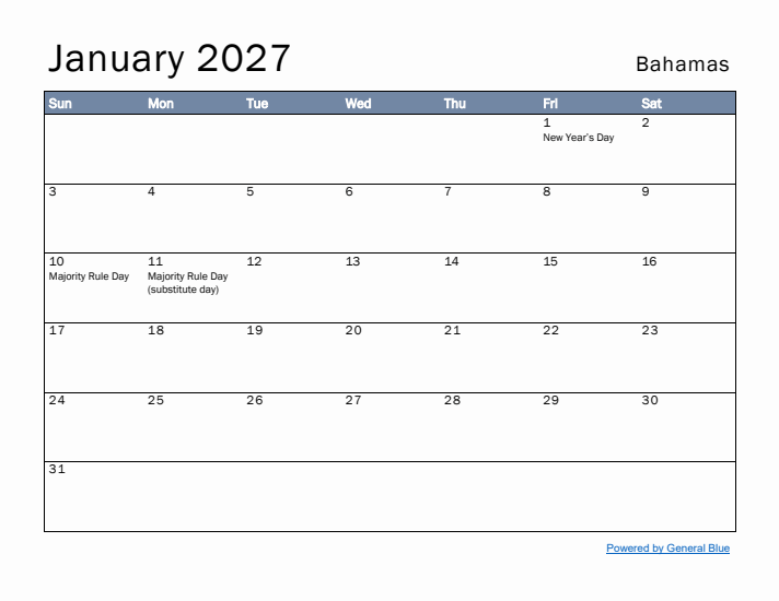 January 2027 Simple Monthly Calendar for Bahamas