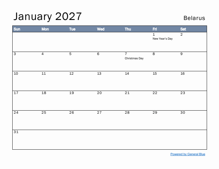 January 2027 Simple Monthly Calendar for Belarus