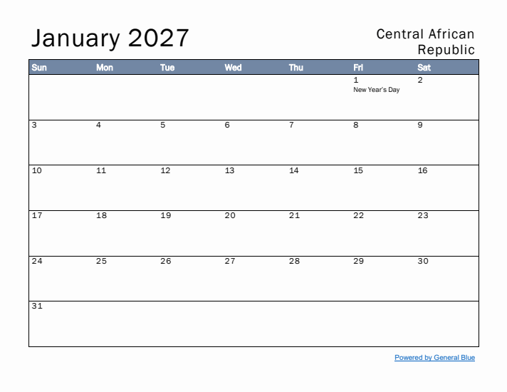 January 2027 Simple Monthly Calendar for Central African Republic