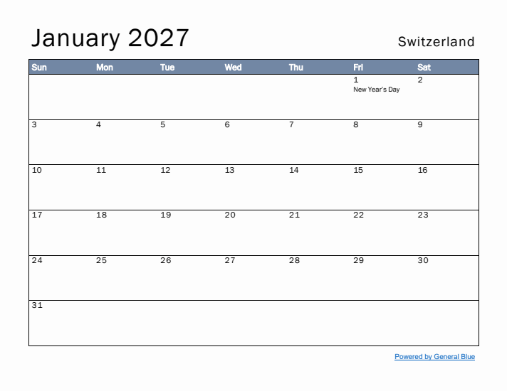 January 2027 Simple Monthly Calendar for Switzerland