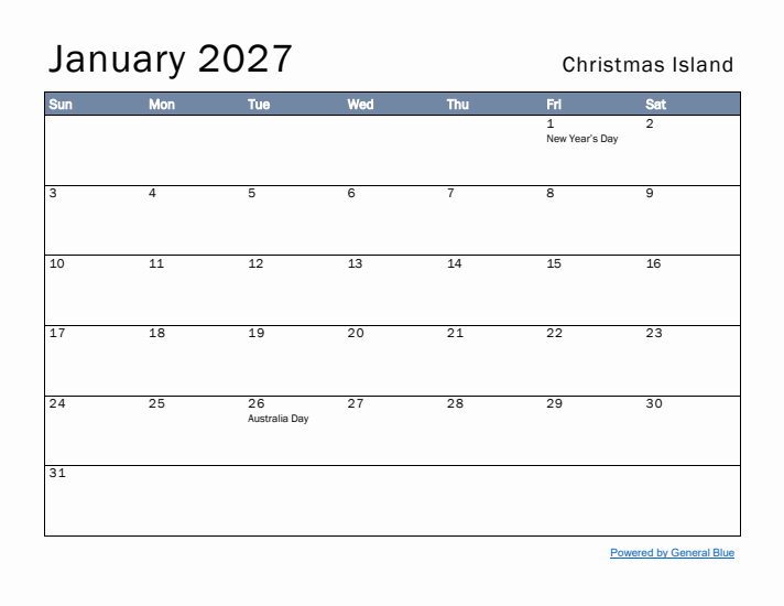 January 2027 Simple Monthly Calendar for Christmas Island