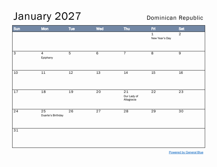 January 2027 Simple Monthly Calendar for Dominican Republic