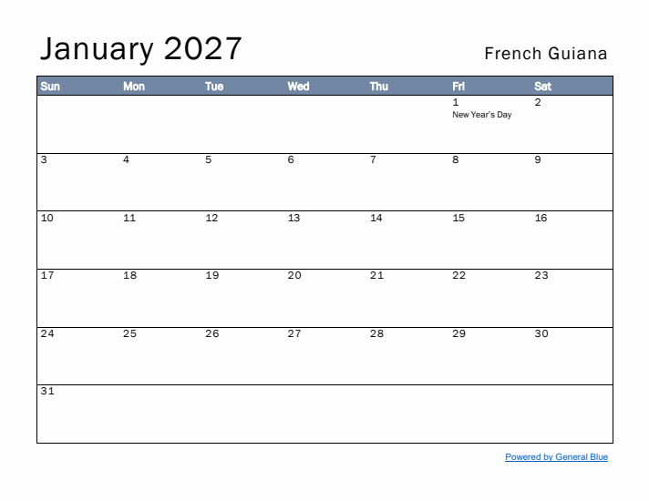 January 2027 Simple Monthly Calendar for French Guiana