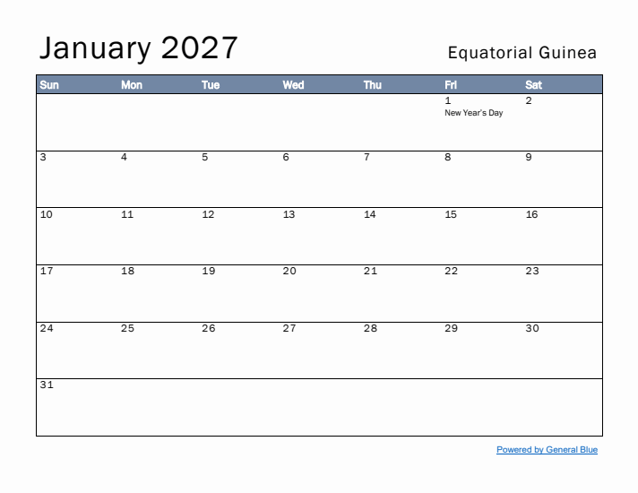 January 2027 Simple Monthly Calendar for Equatorial Guinea