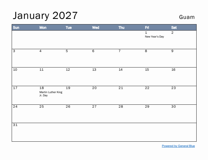 January 2027 Simple Monthly Calendar for Guam