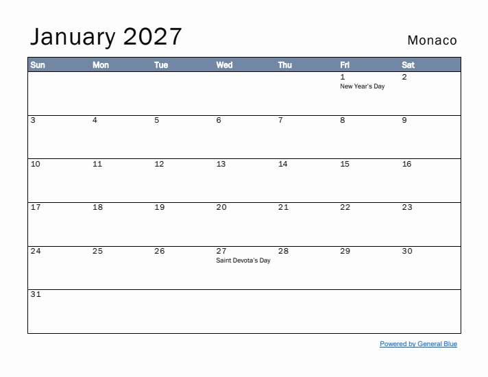 January 2027 Simple Monthly Calendar for Monaco