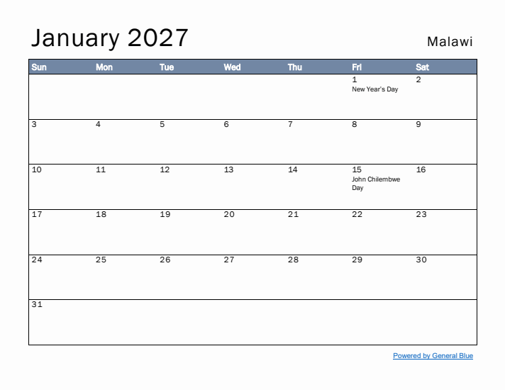 January 2027 Simple Monthly Calendar for Malawi