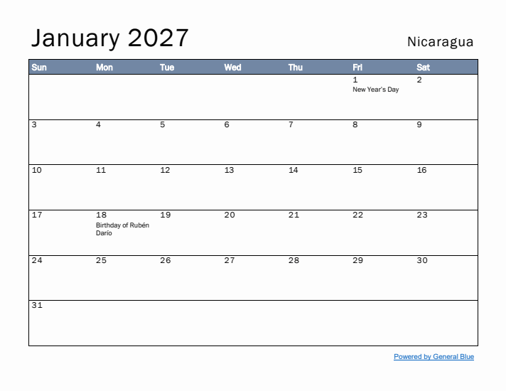 January 2027 Simple Monthly Calendar for Nicaragua