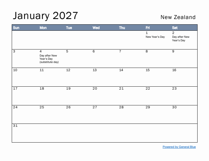 January 2027 Simple Monthly Calendar for New Zealand