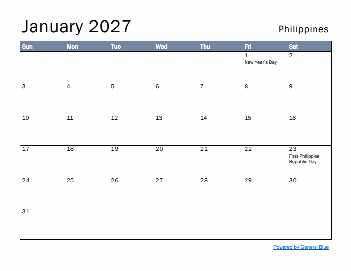 January 2027 Simple Monthly Calendar for Philippines